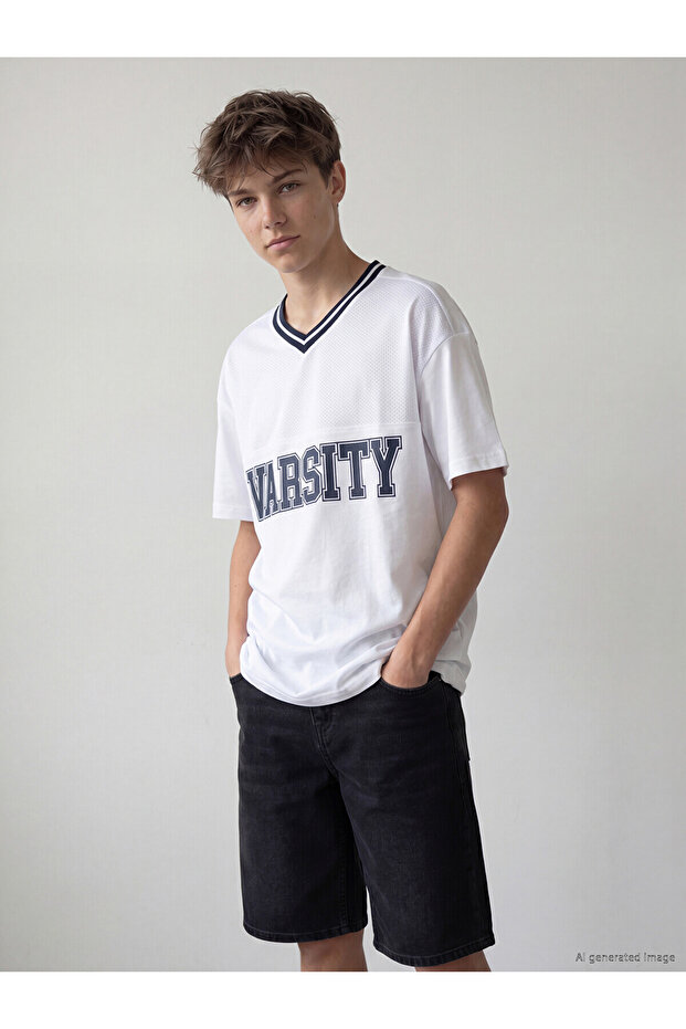تي شيرت NEVAVM للأولاد مطبوع عليه V-Neck بأكمام قصيرة