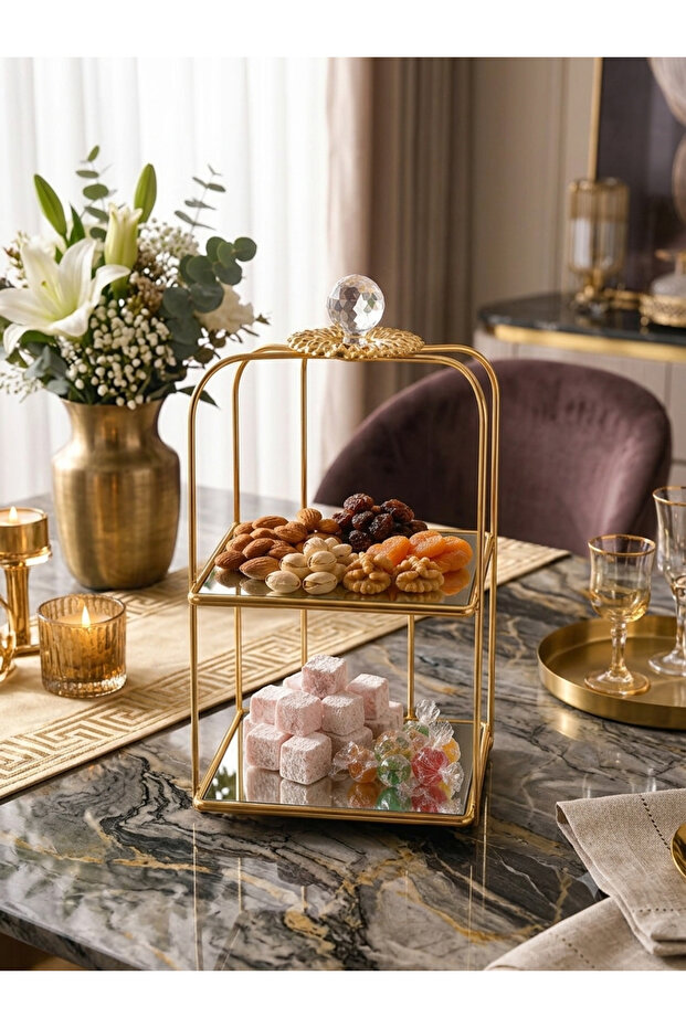 2-Tier Gold Mirrored Nut and Chocolate Display Stand with Crystal Handles, Decorative Serving Stand 33X19