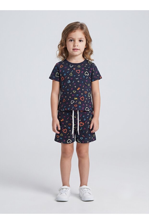 Girls Navy Multicolor Heart Print Co-ord Set