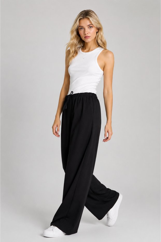 Women's Black Comfortable Cut Baggy Wide Leg Pants with Elastic Waist and Lace-Up Casual Stylish Loose Trousers