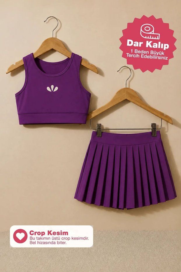 Girl's Plum Color Pleated Crop Shorts Skirt Bottom - Top Set