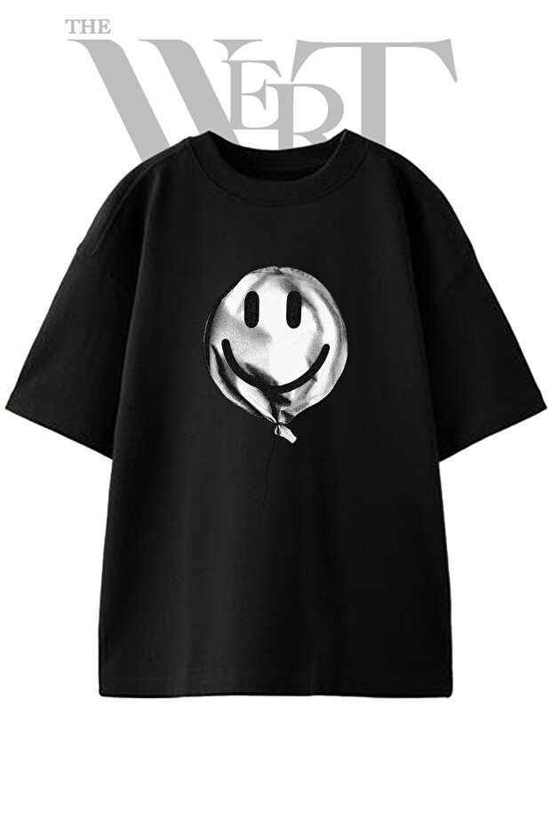Smiley Balloon Design Printed Unisex Black Oversize T-Shirt
