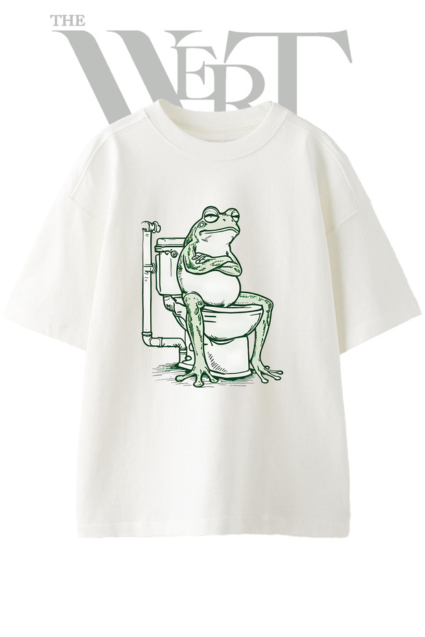 Frog Toilet Design Printed Unisex White Oversize T-Shirt