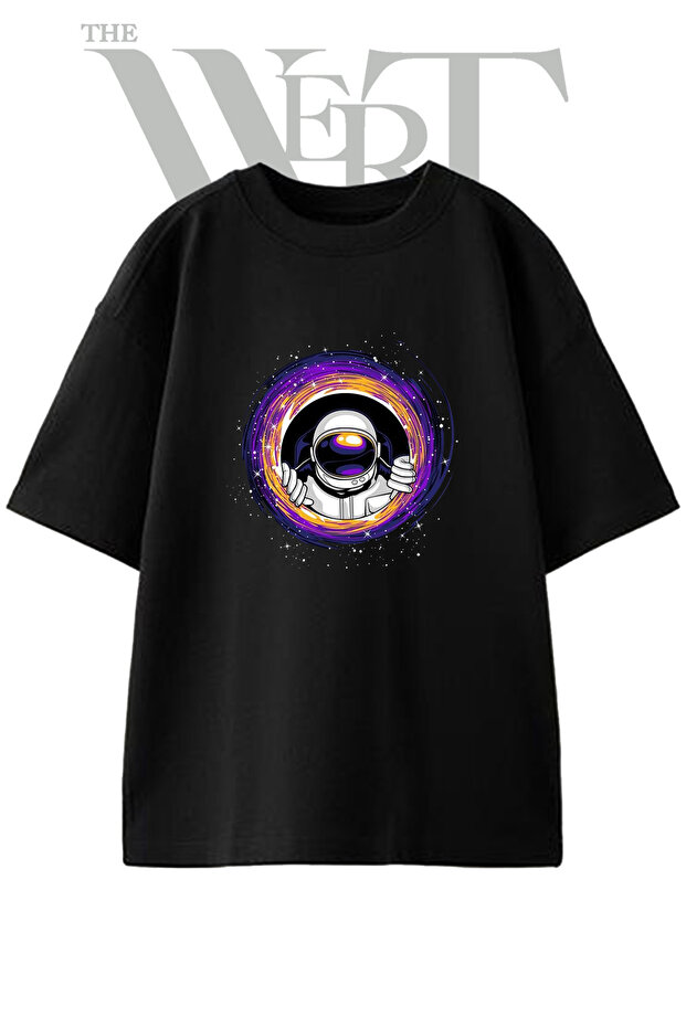 Astronaut Black Hole Design Printed Unisex Black Oversize T-Shirt