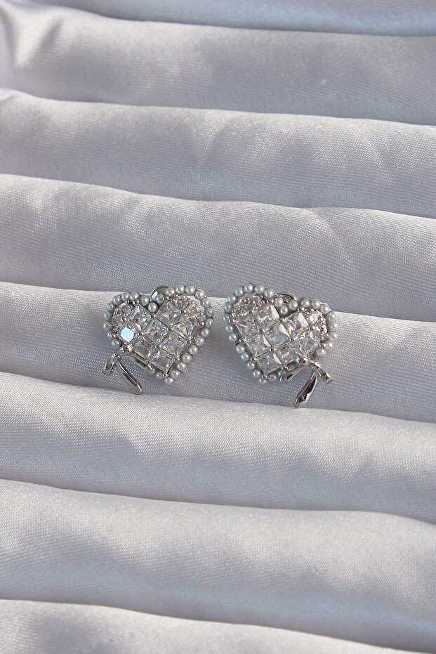 Brass Silver Color Bow Detail Heart Earrings with Pearls and Zircon Stone