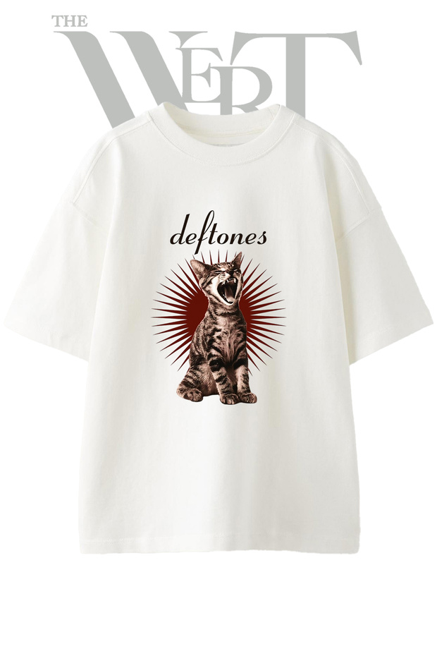 Deftones Screaming Cat Design Printed Unisex White Oversize T-Shirt