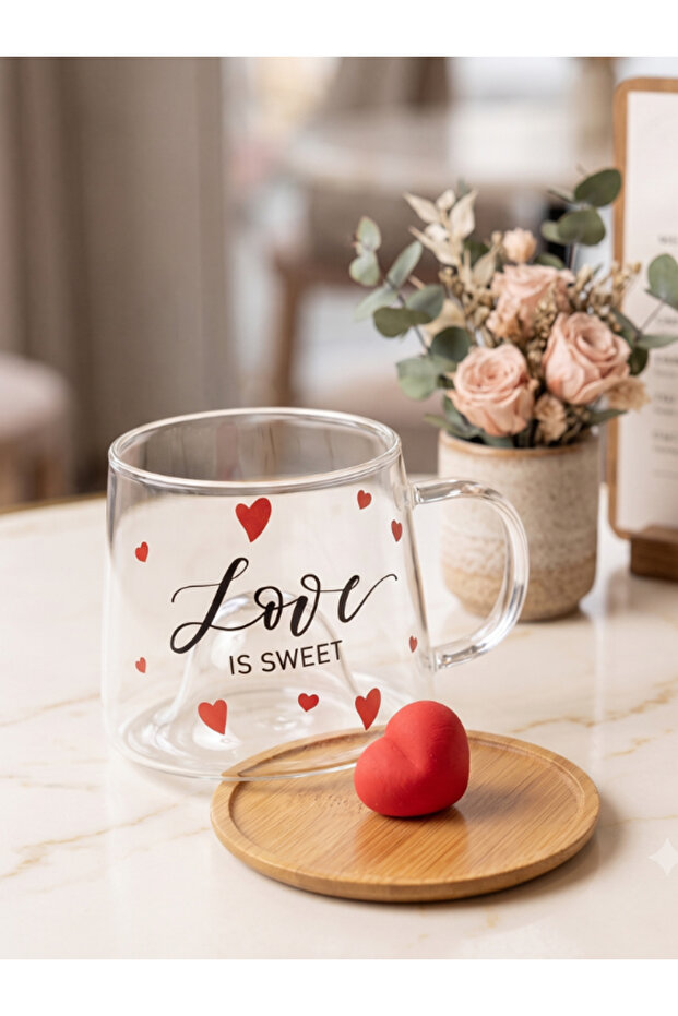 Glass Jar Mug with Bamboo Lid, Red Heart Themed