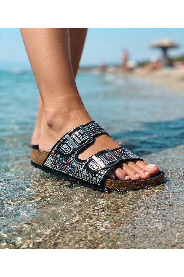 Women's Natural Stone Black Double Buckle Sea Stone Orthopedic Slippers