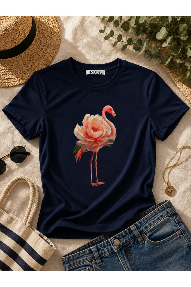 Women's Flamingo Printed Lycra Short Sleeve Body Tee Crop T-Shirt