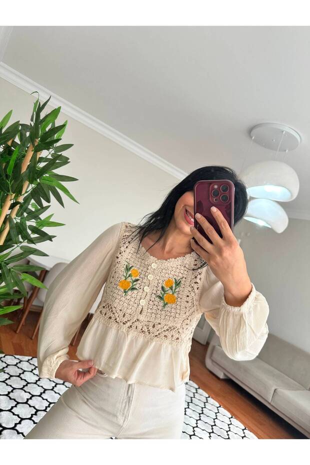 Women's Beige Linen Embroidered Buttoned Gathered Sleeve Very Stylish Shirt
