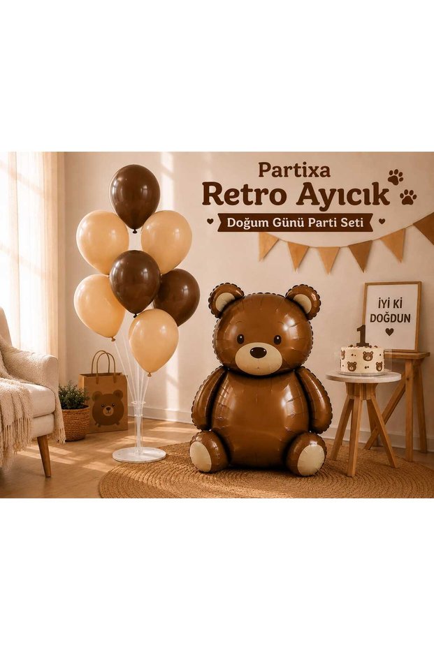 Retro Teddy Bear Foil Balloon Birthday Party Set-Teddy Bear Concept with Brown and Latte Balloon with Stand