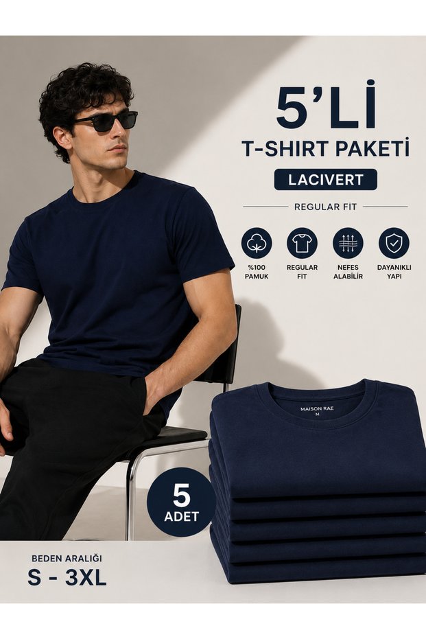 Men's 5-Piece Basic Regular Fit T-Shirt Set 100% Cotton Crew Neck Navy Blue Color