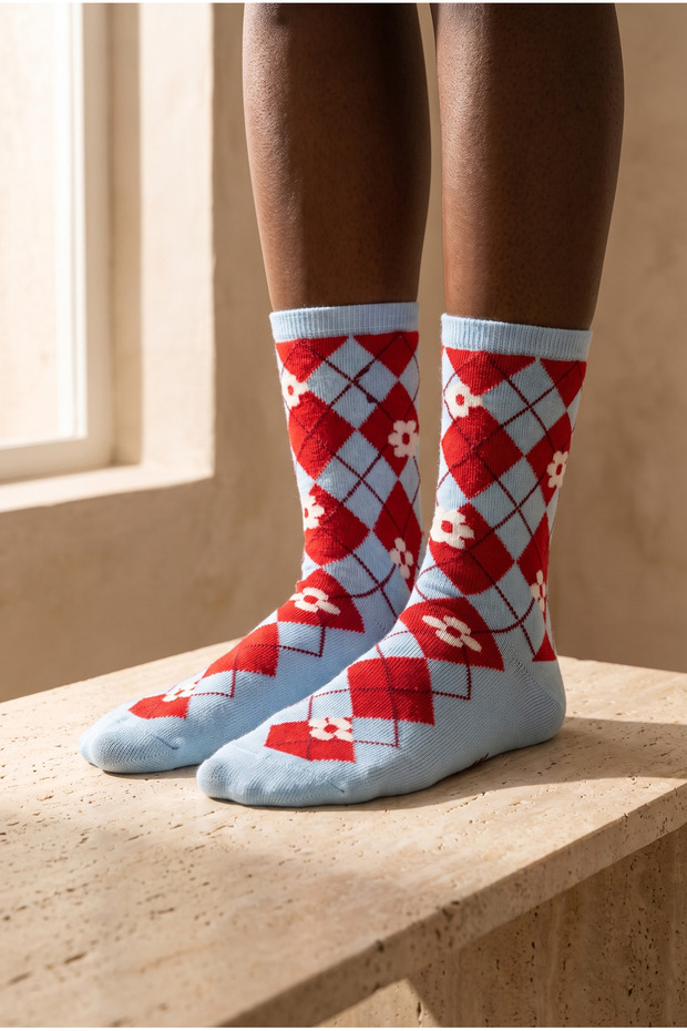Women's Floral Patterned Plaid Socks Blue