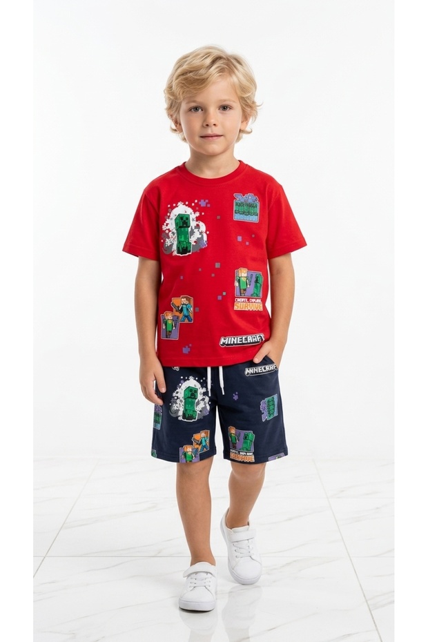 Red and Navy Blue Boy's Shorts Set, Stylish Model, Top and Bottom Set, 2 Pieces, 100% Cotton, Super Quality.