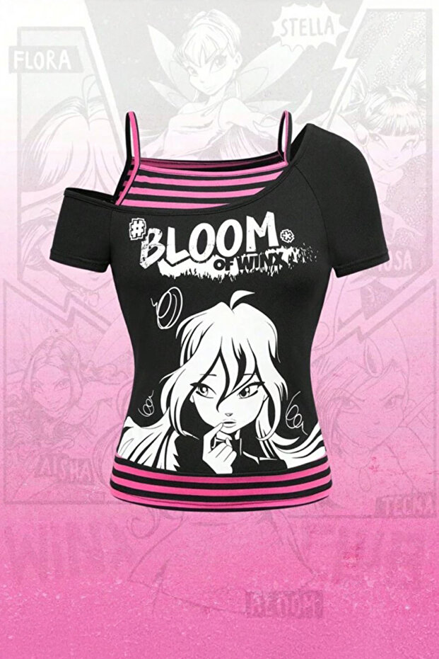 قميص Black Winx Club Bloom بأكمام قصيرة Y2K مع حزام إضافي