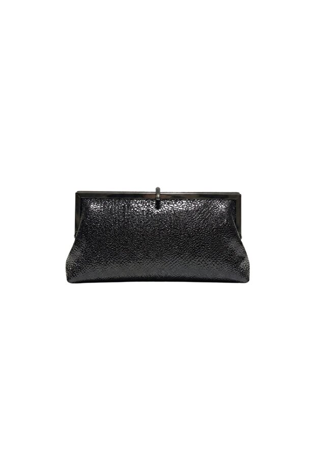 Elegant Lock Detailed Shiny Evening Dress and Shoulder Bag - Black