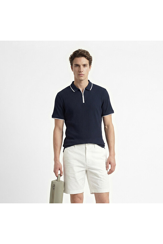 Men's Navy Blue Regular Fit Polo Neck T-Shirt