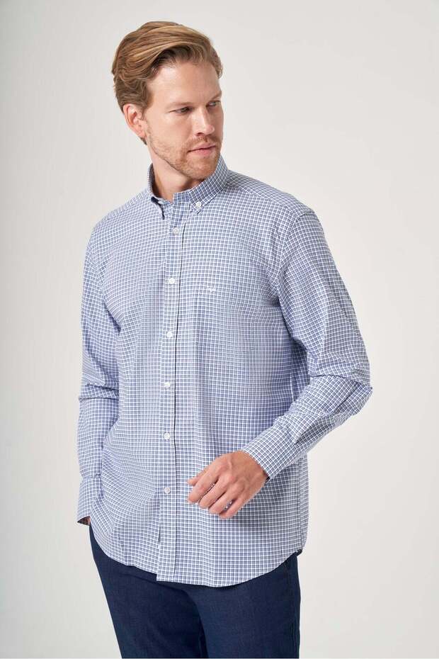 White-Navy Blue Buttoned Collar Long Sleeve Pocketed Checkered Pattern Comfort Fit 100% Cotton Shirt 1004260218