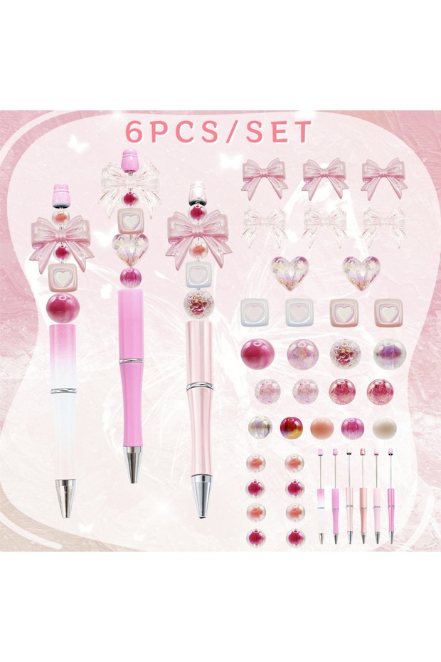 Bow tie 6PCS/SET Pink Bow and Heart DIY Beaded Pens, Acrylic Bow Bead DIY Ballpoint Pens, Stationery
