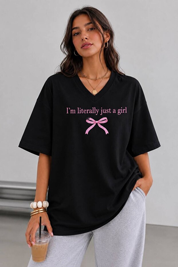 Black V-Neck Oversize Cotton Im Literally Front Printed Relaxed Fit Unisex T-Shirt