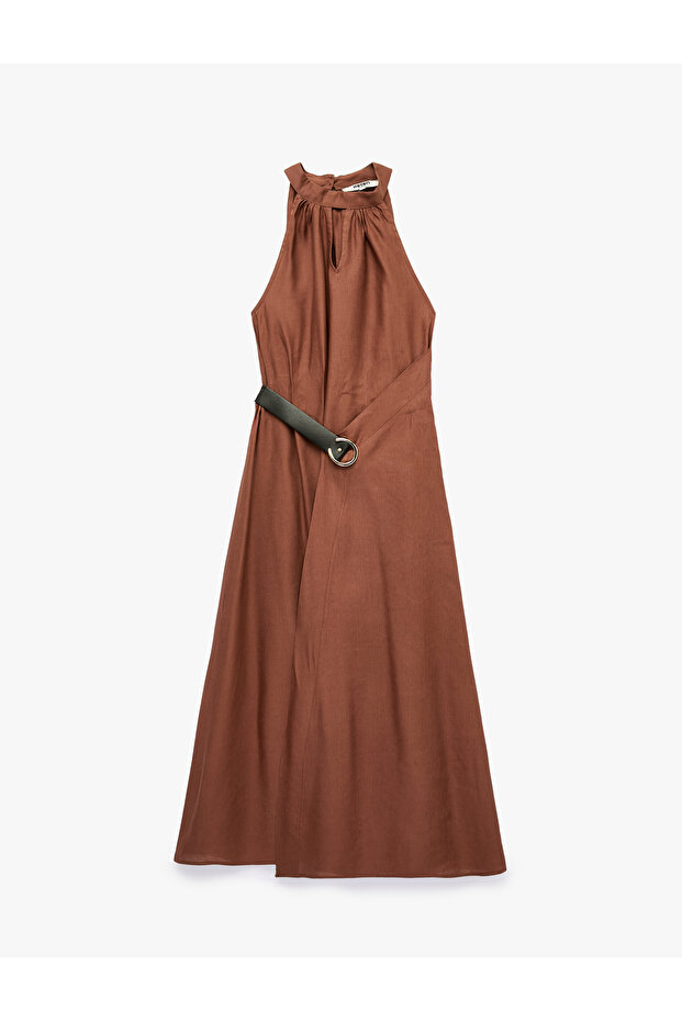 Belt Detailed Sleeveless A-Line Long Halter Neck Linen Dress