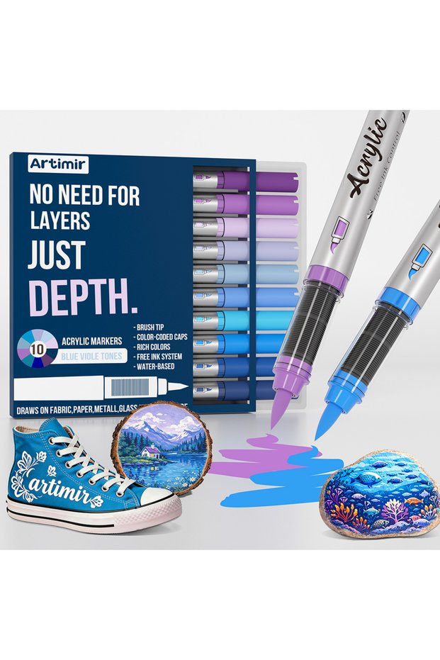 Blue Viole Tones Pro Color Series Acrylic Paint Markers Set, 10 Colors Brush Tip for Glass Ceramic C