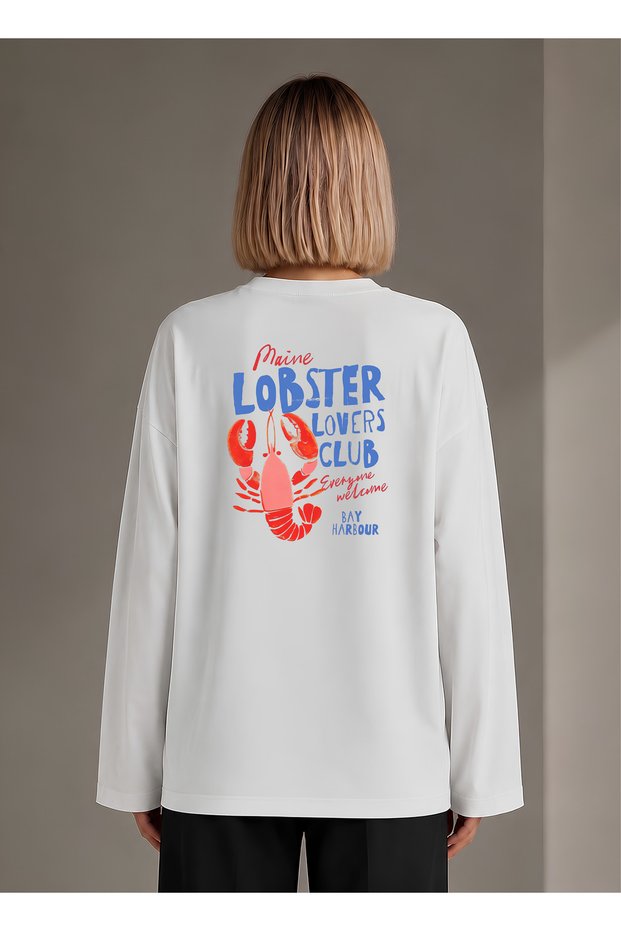 Suerte Lobster Lovers Club Design Back Printed Oversize Wide Cut Long Sleeve 100% Cotton T-Shirt