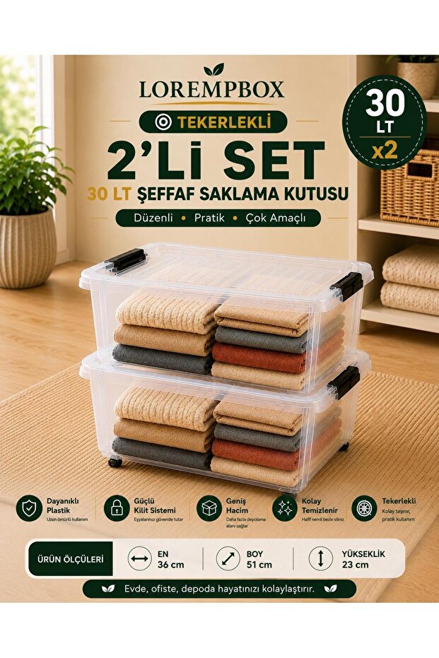 30 Lt Transparent Storage Box with Wheels, Set of 2