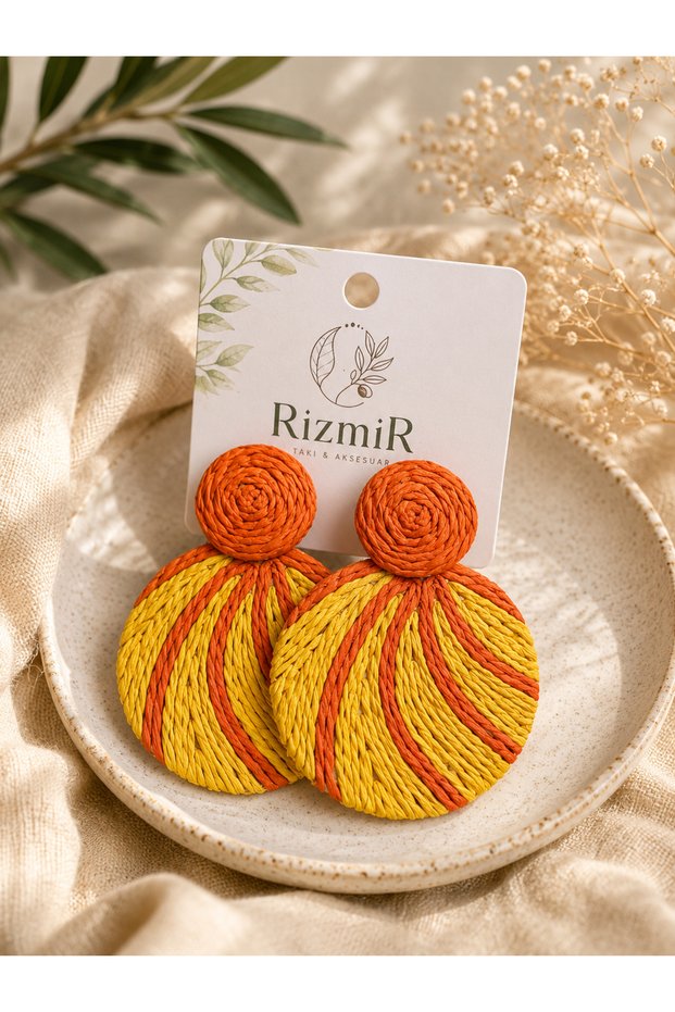 Women's Orange Yellow Round Woven Dangle Earrings