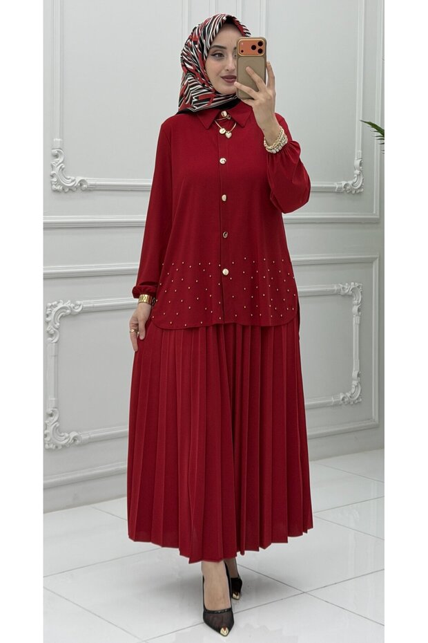 Hesna Skirt Set Red | Women's Stylish Skirt Suit | Hijab Double Set | Elegant Daily Combination
