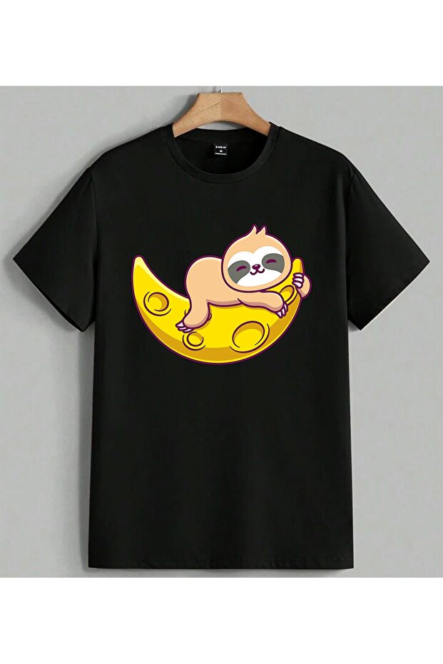 Banana Animal Sloth Monkey Printed Unisex Oversize T-Shirt Black
