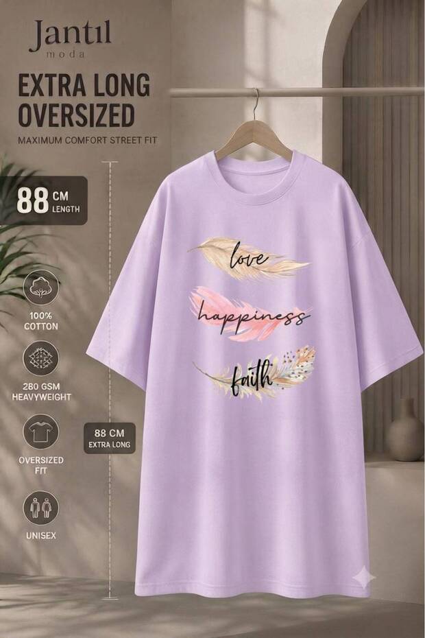 Crew Neck Feather Detailed Extra Long Oversize Tunic T-Shirt with Love, Happiness and Faith Written on It, Short Sleeves