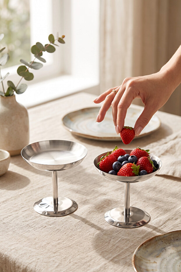 2-Piece High-Legged Snack Bowl Stainless Steel Dessert Serving Tray & Breakfast Tray Diameter: 11.5 Length: 10.5