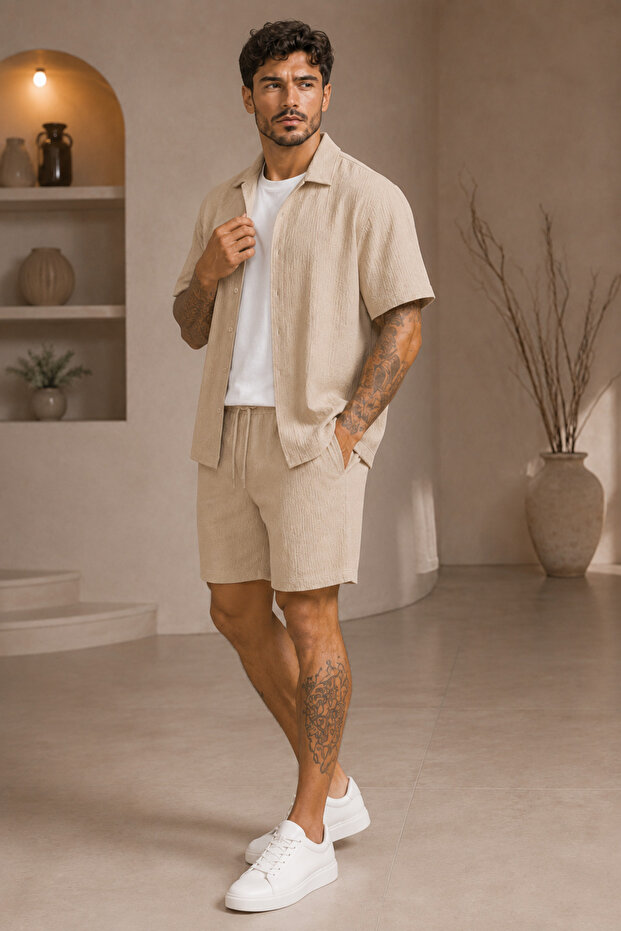 Bürümcük Summer Comfortable Fit Short Sleeve Shirt Shorts Set Flexible Fabric