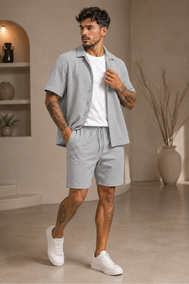 Bürümcük Summer Comfortable Fit Short Sleeve Shirt Shorts Set Flexible Fabric