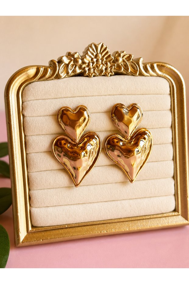 Heart-Shaped Dangle Large Gold Earrings Evening Dress Earrings Tarnish-Resistant Steel