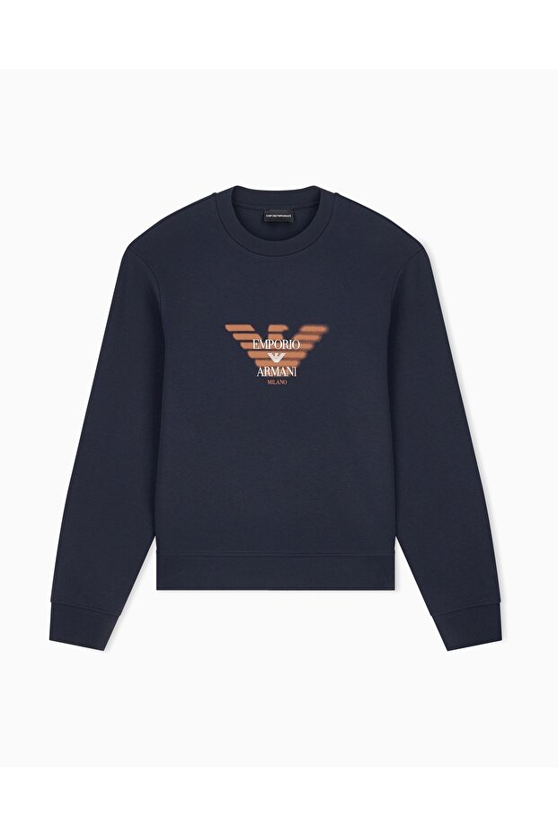Men's Regular Fit Logo Printed Round Neck Cotton Long Sleeve Navy Blue Sweatshirt