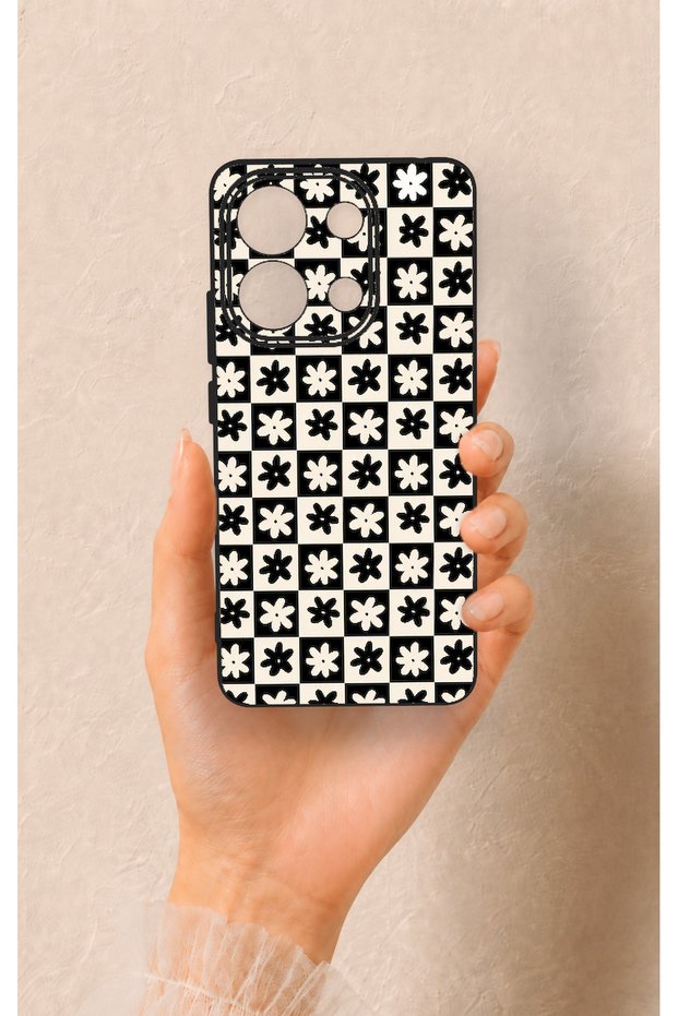 Redmi Note 13 4g Compatible Flower Motif Checkered Pattern Silicone Case