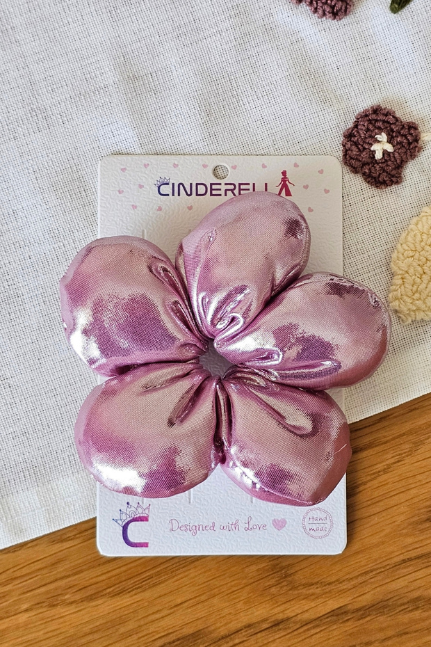 Metallic Pink Daisy Puff Scrunchie Rubber Hair Tie 10cm - Fluffy Elastic Bagel Hair Bun Clip