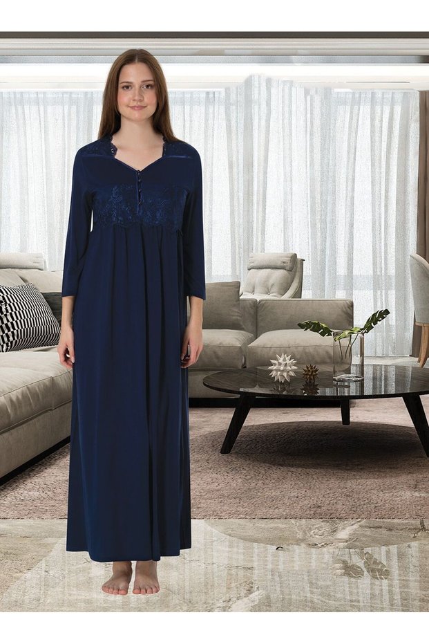 Dvina Maternity Lace Detailed Long Sleeve Nightgown - Navy Blue