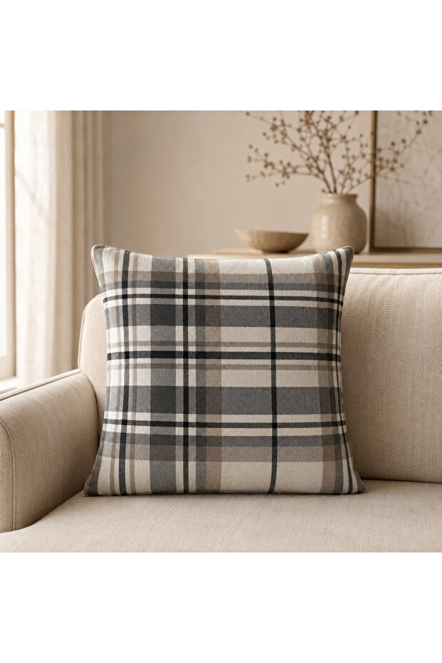 Plaid Decorative Throw Pillow Cover 42X42 cm – Stain Resistant Oeko-Tex ® Linen Fabric