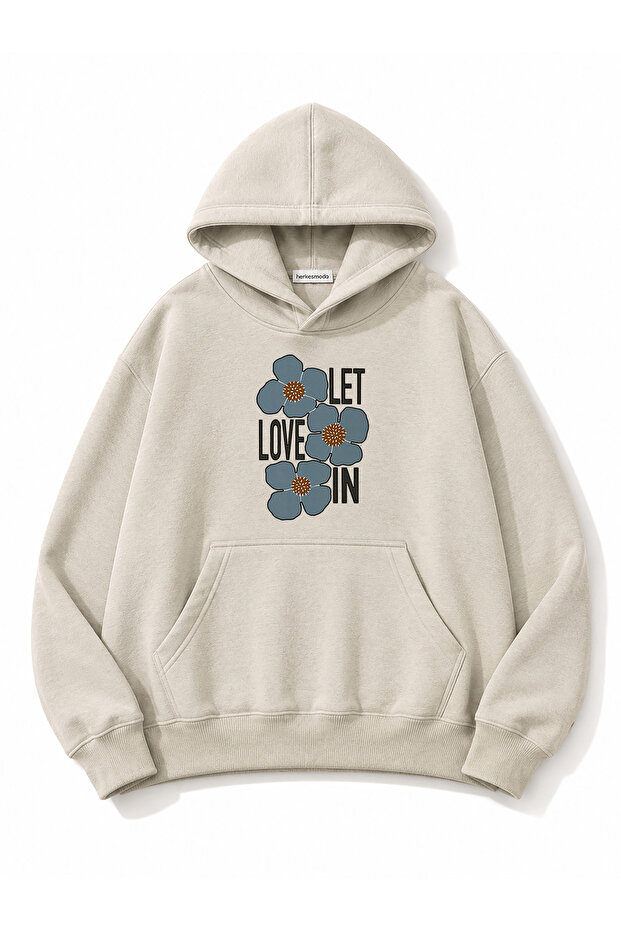 Love Flower Printed Hooded 2 Thread Threaded Sweatshirt