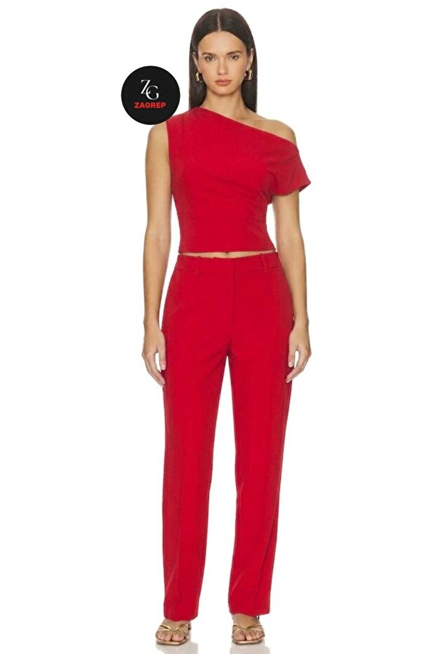 Women's Red Asymmetrical Collar One-Shoulder Imported Sandy Crop
