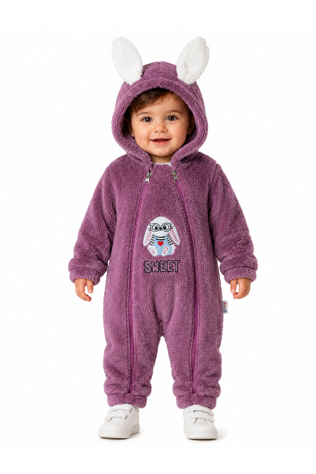 Sweet Rabbit Embroidered Welsoft Plush Hooded Zippered Winter Unisex Baby Romper