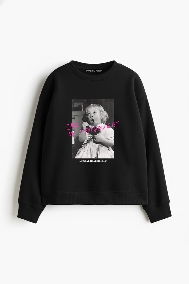 Call My Psychologist Printed Hoodless Relaxed Fit Women's Black Sweatshirt