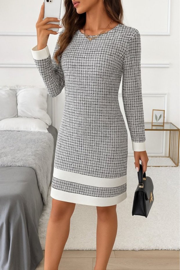 Women's Long Sleeve Round Neck Hem Striped Detail Mini Woven Dress