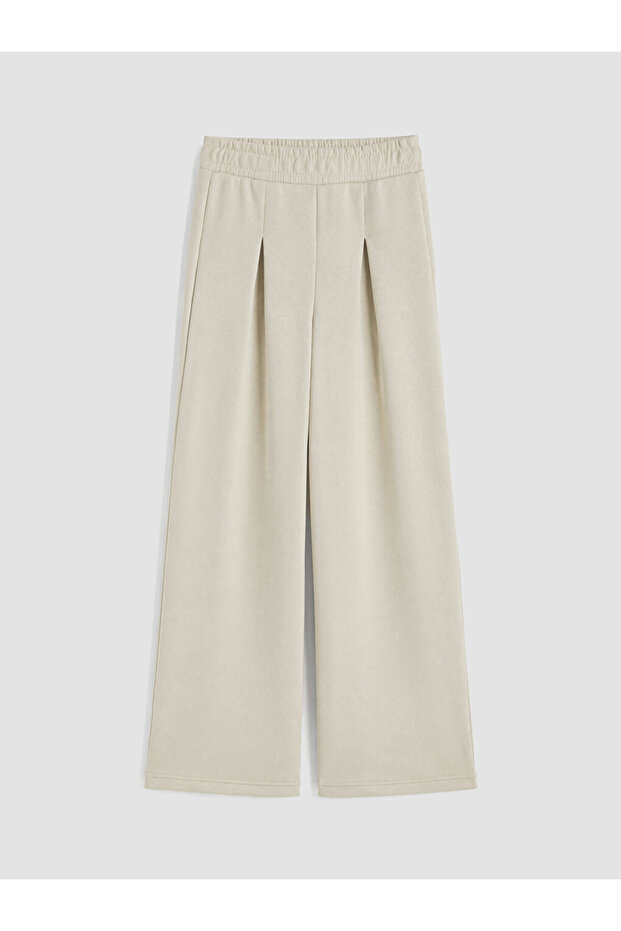 Beige Wide-Legged Girls' Sweatpants with Elastic Waist