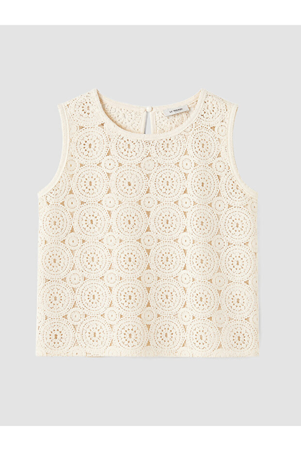 Beige Crew Neck Lace Blouse