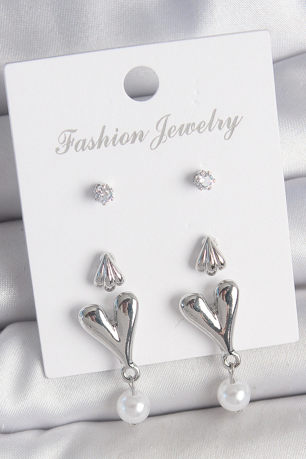 Brass Silver Color Zircon Stone Hanging Heart Model 3 Pair Women's Earring Set