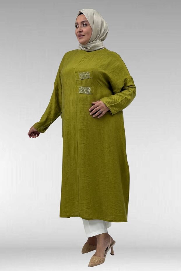 68044 Large Size Stone Print Detailed Double Tensel Tunic - Fat Green